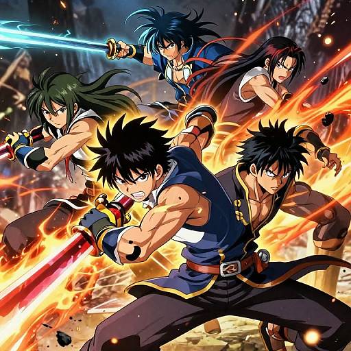 Dynamic anime-style illustration of four muscular warriors with spiky hair, wielding glowing swords, surrounded by fiery explosions in a chaotic urban battlefield.