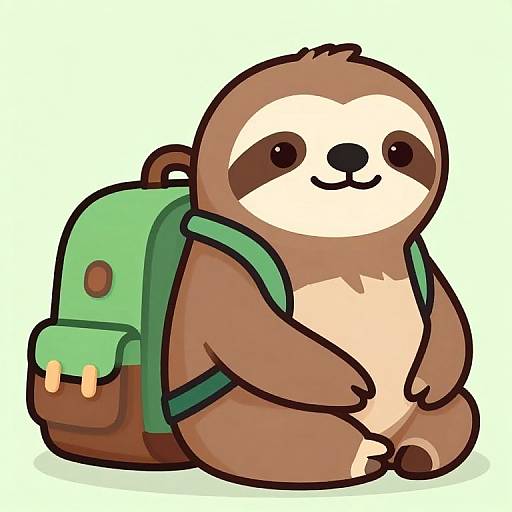Cute cartoon sloth with brown fur, white face, and black eyes, sitting with a green backpack, smiling, digital illustration.
