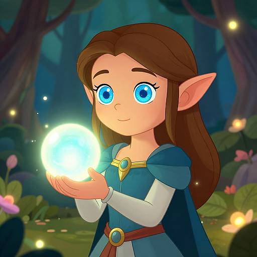 Digital drawing of a cute, blue-eyed elf girl with brown hair, wearing a blue dress and cape, holding a glowing orb in a mystical forest with