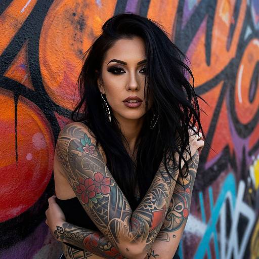 Tattooed woman with long black hair, dark makeup, crossed arms, standing against vibrant graffiti wall in vivid orange, black, and blue.