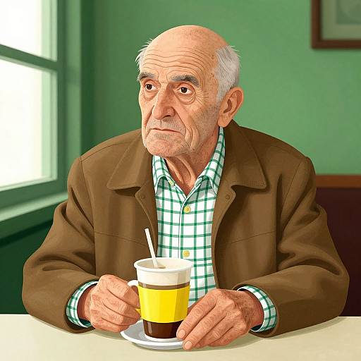Digital drawing of an elderly white man with bald head and wrinkles, wearing a brown jacket and green checkered shirt, holding a yellow coffee cup with a