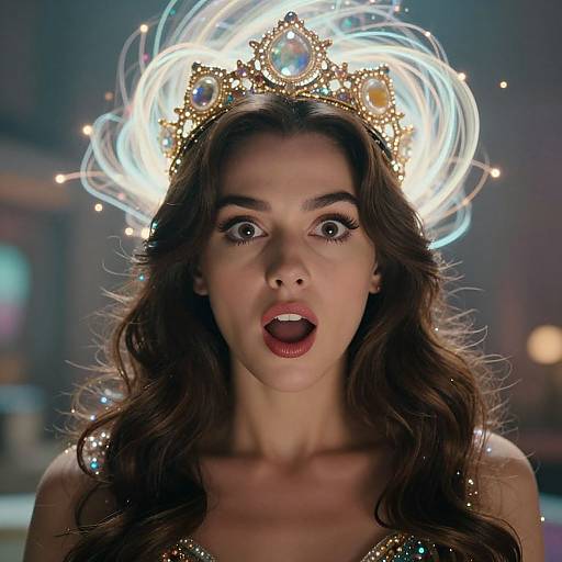 Photograph of a surprised young woman with long brown hair, wearing a sparkling gold crown with blue and yellow gems, illuminated halo, and a sequined