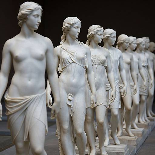 Photograph of a row of white marble statues of classical Greek women, some topless, others draped in flowing garments, standing in a dark museum exhibit