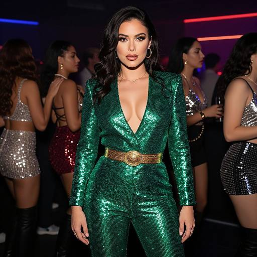 Photograph of a woman with long black hair in a shimmering green sequin suit with a deep V-neck, gold belt, standing in a dim