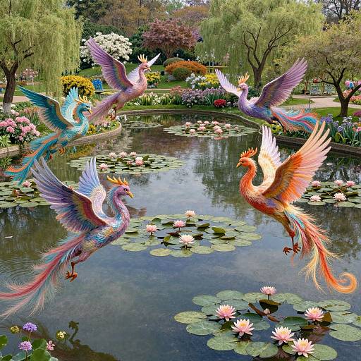 Fantastical digital artwork of colorful, winged phoenixes with vibrant feathers flying over a serene, lily-pad-covered pond in a lush, vibrant