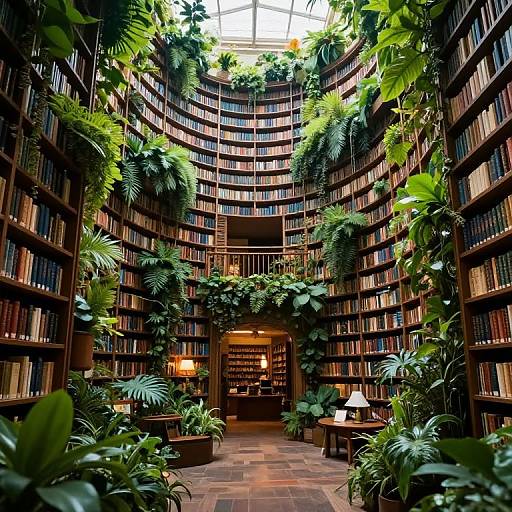 Photograph of a lush, tropical library with tall, curved bookshelves filled with books, surrounded by dense green foliage and overhead skylight.