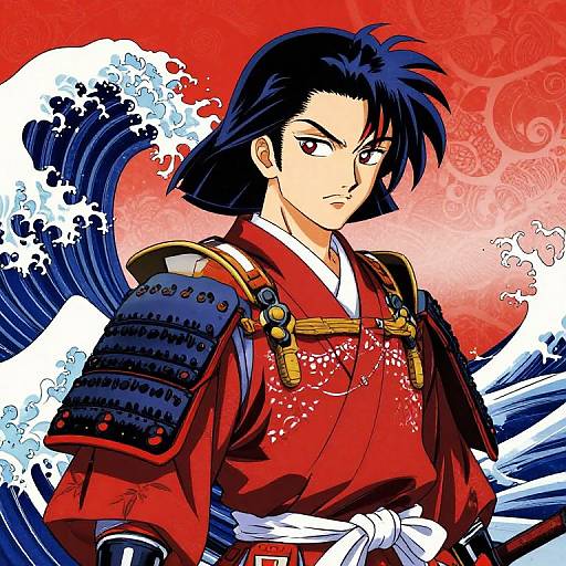 Anime-style illustration of a stern-looking samurai with black hair, wearing a red kimono and black armor, against a vibrant red and blue wave background
