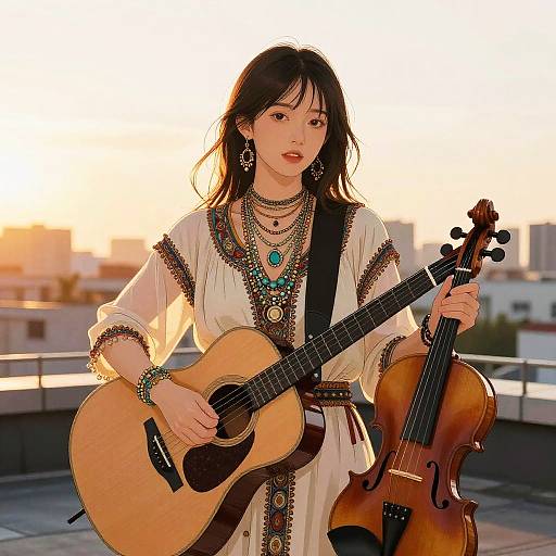 Young Woman Musician with Guitar and Violin on Rooftop