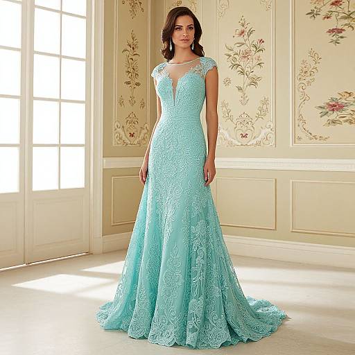 Photograph of a woman in a light blue, lace, floor-length gown with a deep V-neck, standing in an elegant, sunlit room with