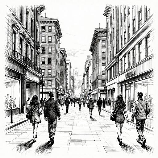 Black and white ink drawing of a bustling city street, people walking in both directions, tall buildings on either side.