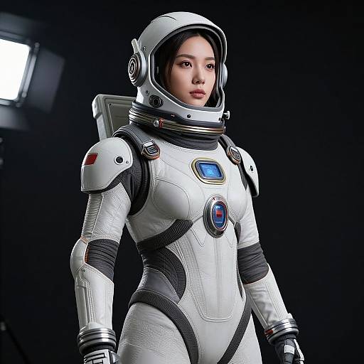 Photorealistic CGI of an Asian woman in a white, futuristic spacesuit with blue emblem, black background, and helmet, standing confidently.