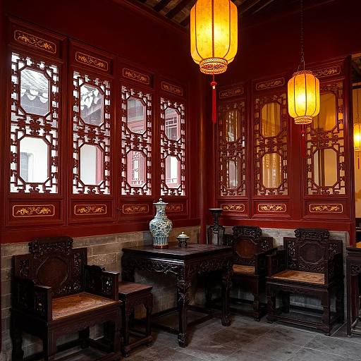 Photograph of a traditional Chinese dining room with dark wooden furniture, intricate red-carved windows, and two glowing yellow lanterns.