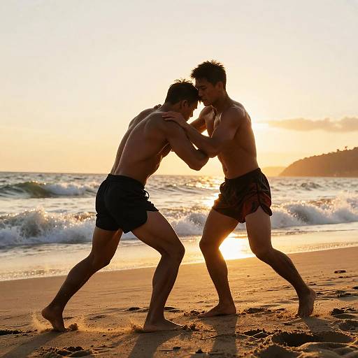 Photograph of two muscular, shirtless men in black swim trunks boxing on a sunlit beach at sunset, with waves in the background.