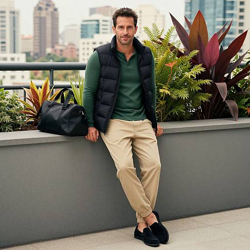 Photograph of a casually dressed man with short brown hair, green polo, black puffer vest, beige pants, black shoes, leaning against a plan