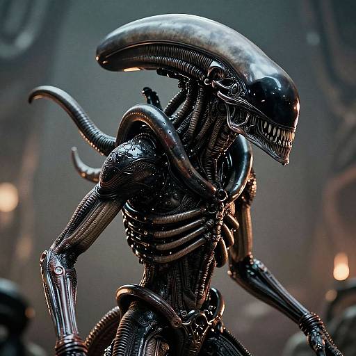 Photorealistic CGI of a sleek, black, biomechanical Xenomorph with a glossy, elongated head, sharp teeth, and intricate,