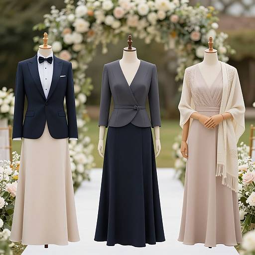 Photograph of three mannequins in formal attire: left in navy suit with bow tie, center in navy blazer and black skirt, right