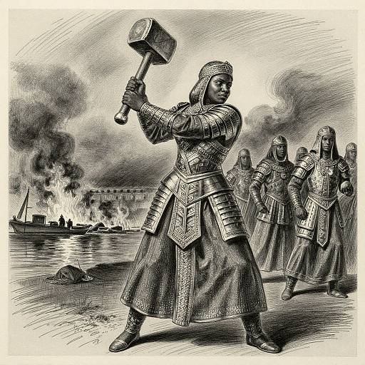 Black-and-white illustration of a medieval woman in armor, wielding a hammer, leading soldiers against a burning backdrop with smoke.