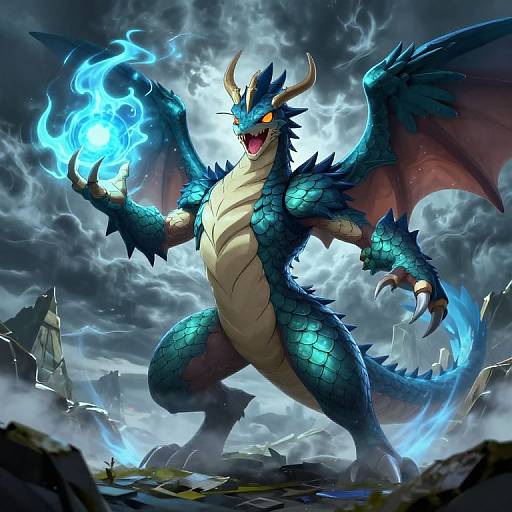 Digital fantasy artwork of a fierce, blue-scaled dragon with glowing yellow eyes, horns, and wings, conjuring blue fire in a stormy,