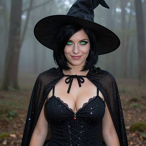 Photograph of a pale-skinned woman with black hair, green glowing eyes, wearing a black witch hat, lace corset, and sheer cape in