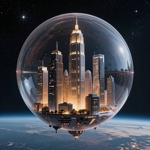 Digital art: Glowing cityscape of tall skyscrapers inside a transparent glass sphere, floating above Earth's curvature in a starry space.