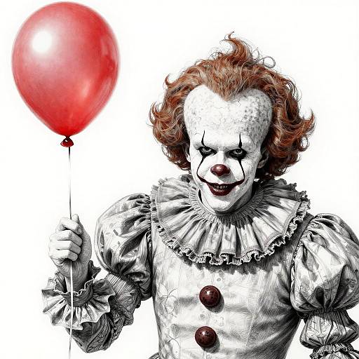 Digital drawing of a creepy white-faced clown with red curly hair, black makeup, ruffled shirt, holding a red balloon, against a white background.