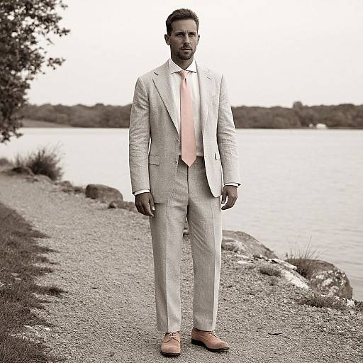 Photograph of a serious, tall, white man in a light gray suit, pink tie, and brown shoes standing on a gravel path by a lake