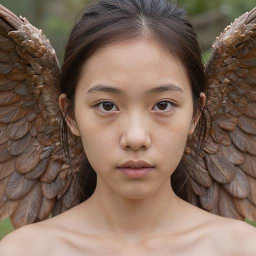 Photograph of a young Asian woman with dark brown wings, straight black hair, and neutral expression, wearing no clothing, set against a blurred green background