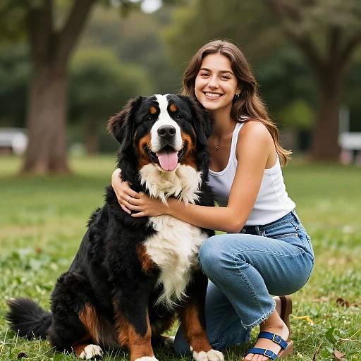 Photograph of a smiling young woman with long brown hair, wearing a white tank top and blue jeans, hugging a black, brown, and white