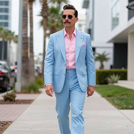 Photograph of a stylish man with a mustache, wearing a light blue suit, pink shirt, pink pocket square, and sunglasses, walking on a