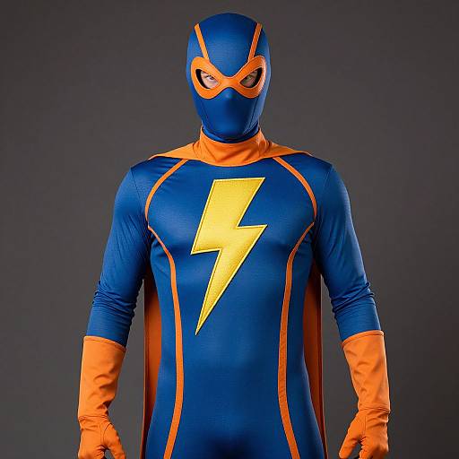 Photograph of a person in a blue and orange superhero costume with a yellow lightning bolt, wearing a matching mask, gloves, and cape, against a