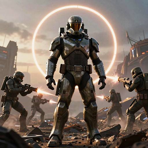 Photorealistic CGI of four armored soldiers in futuristic helmets firing guns in a war-torn, smoke-filled industrial setting with a bright circular light in the