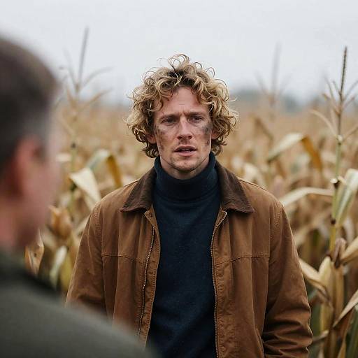 Man in Brown Jacket Among Cornstalks