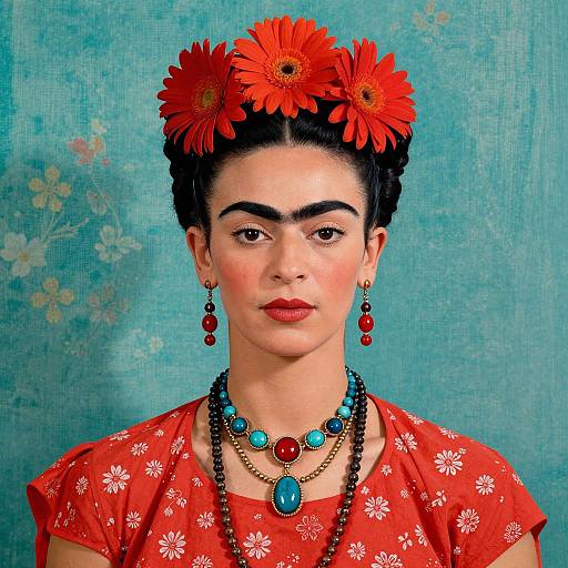 Photograph of a woman with dark hair adorned with red flowers, wearing red floral dress, turquoise necklace, red earrings, against a blue floral background.