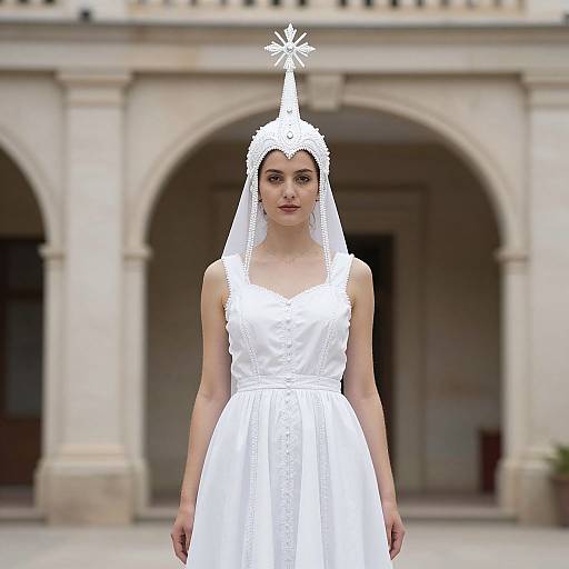 Photograph of a young woman in a white, sleeveless wedding dress with a tall, pointed veil and star-shaped headpiece, standing in front of