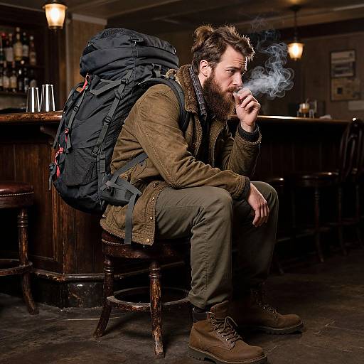 Sad Bearded Traveler in Bar