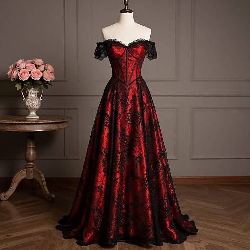 Elegant Red and Black Lace Gown