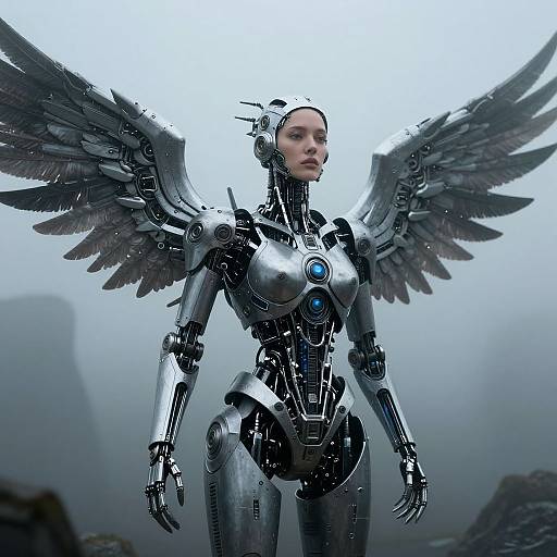 CGI image of a metallic, winged android woman with blue glowing chest, standing confidently in a misty, mountainous landscape.