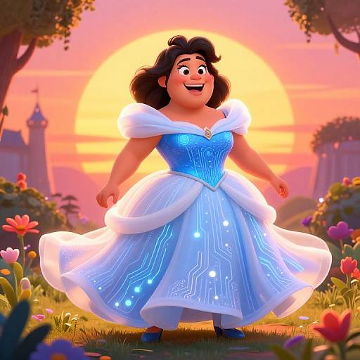 Digital illustration of a joyful, plus-sized woman with dark hair in a blue and white glowing ball gown, dancing in a colorful garden at sunset with a