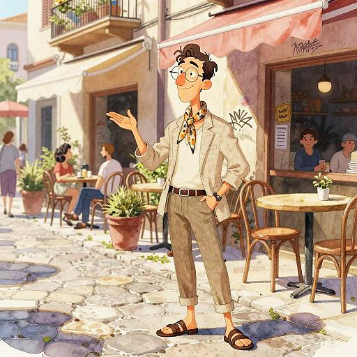 Digital illustration of a stylish, glasses-wearing man in a white shirt, beige pants, and sandals, gesturing in a sunlit European café with
