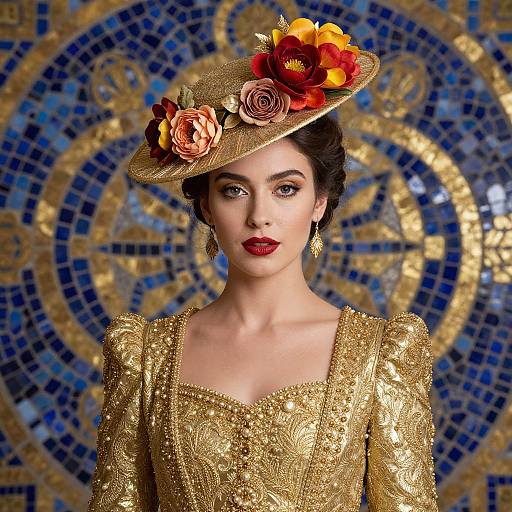 Elegant Woman in Golden Floral Hat