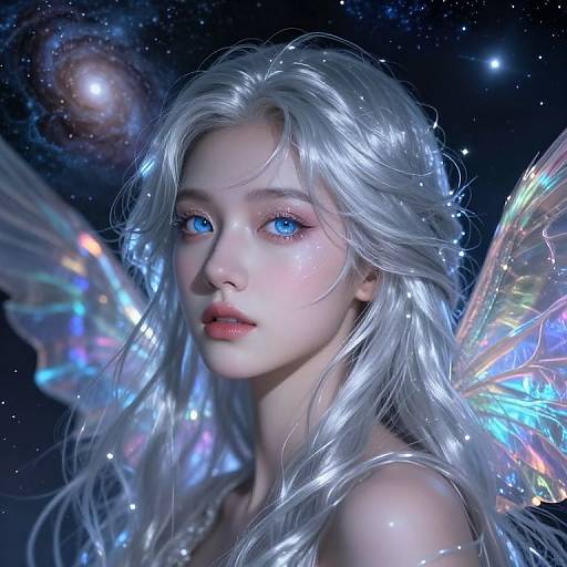 Digital art of a beautiful, ethereal fairy with long, silver hair, blue eyes, and iridescent wings, set against a starry,