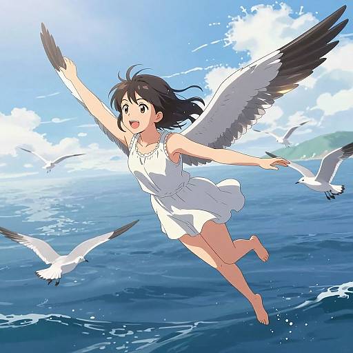 Anime-style drawing of a black-haired girl with white dress and angel wings flying over blue ocean, surrounded by seagulls.