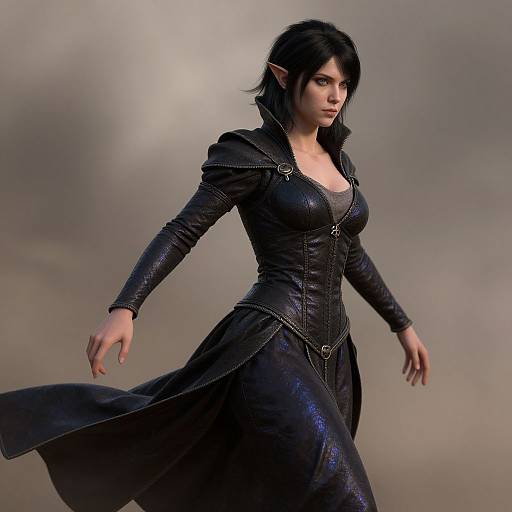 Digital artwork of an elf woman with pointed ears, dark hair, wearing a black, intricately detailed, leather corset dress, and standing against a