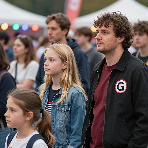 Crowd at Outdoor Event with Blonde Girl and Curly-Haired Man