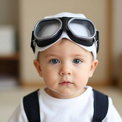 Photograph of a cute baby with blue eyes, wearing black goggles and a white cap, dressed in a white shirt and black vest, against a blurred