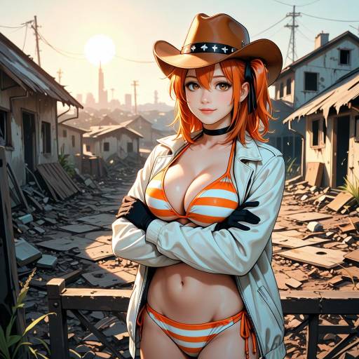 Cowgirl in Abandoned Town at Sunrise