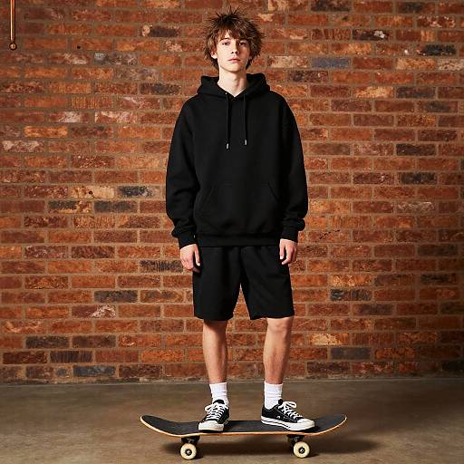 Photograph of a young boy with spiky brown hair, wearing a black hoodie, black shorts, white socks, and black sneakers, standing on a