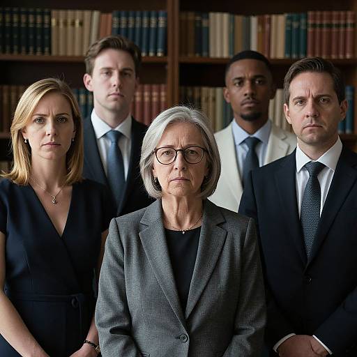 Photograph of five serious-looking professionals in a library, with an elderly woman in a gray blazer and glasses in the foreground.
