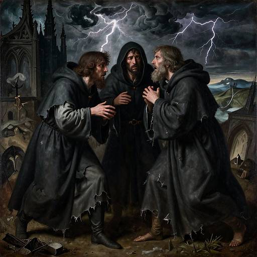 Photorealistic painting of three bearded men in dark robes, arguing under a stormy sky with lightning, in a ruined Gothic cathedral.