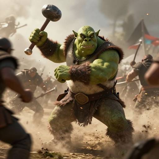 Digitally rendered battle scene: muscular green orc warrior with fur-trimmed armor, fierce expression, and raised hammer, amidst chaotic dust-filled battlefield.
